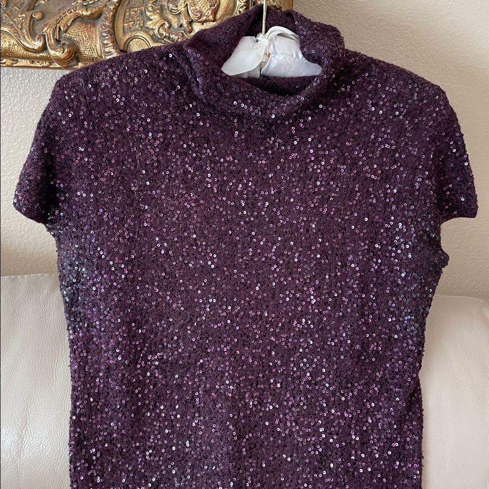 Donna Karan Signature Cashmere Sequins Knit Top Blouse Turtleneck - Picture 3 of 11
